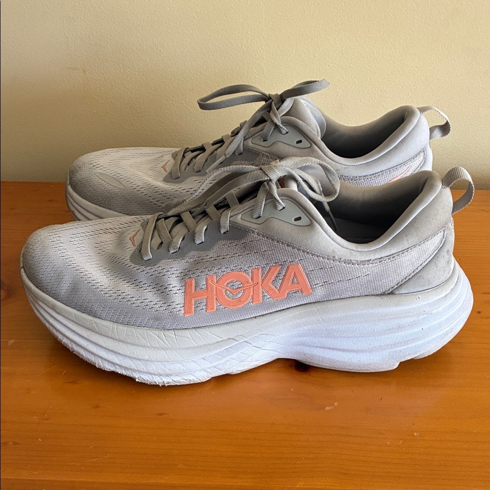 Hoka Bondi 8 Gray and Coral Athletic Shoes